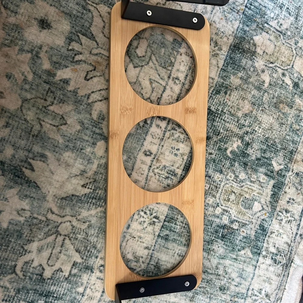 White Ceramic Cat Bowls on Bamboo Tray